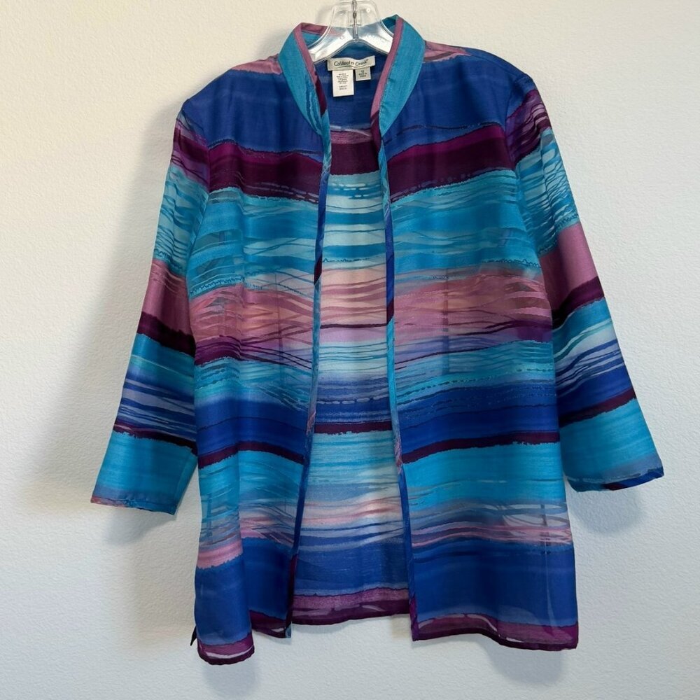 Coldwater Creek 3/4 Sleeve Sheer Multicolor Striped Open Front Cover Up Size 12